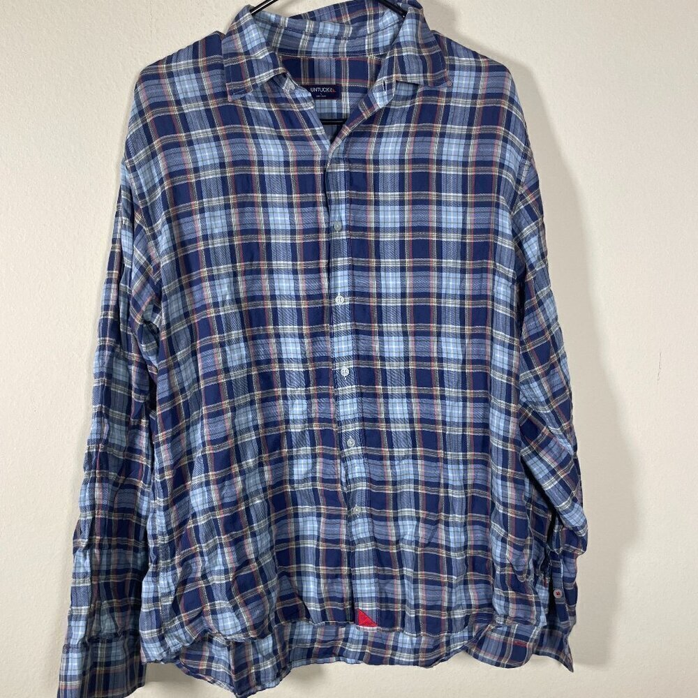 Untuckit Men's Blue Orange Plaid Lightweight Button-Up Shirt Large!
